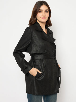 Madame Double Breasted Belted Solid Black Trench Coat