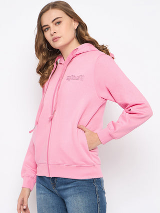 Madame Placement Print Detailed Pink Hooded Sweatshirt