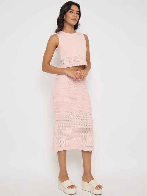 Madame Schiffli Top and Skirt Pink Cotton Knit Co-ord Set
