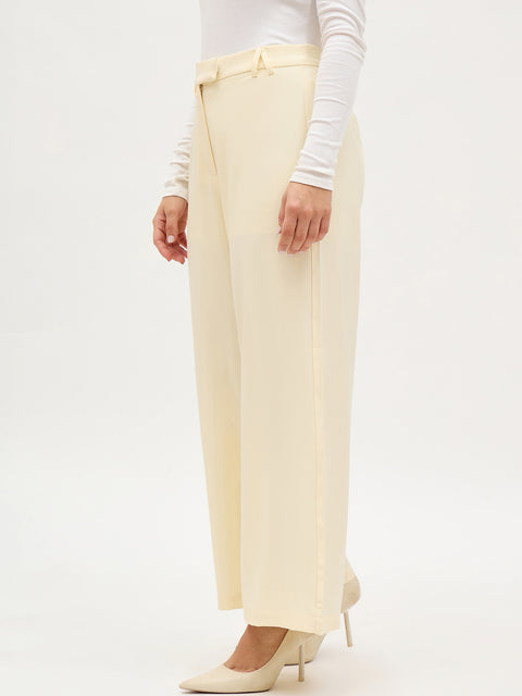 Madame Butter Yellow Solid Trousers With Side Zipper