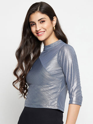 Madame Shimmering Asymmetrical Seam Detail Grey Top