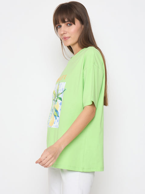 Madame Botanical Print Short Sleeve Green Cotton Blend T-shirt
