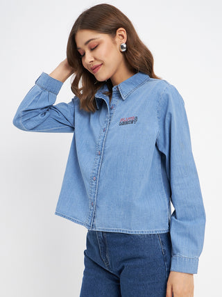 Madame Typography Print Collared Cotton Blue Shirt