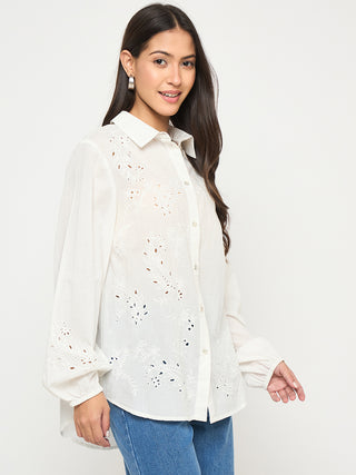 Madame Embroidered and Ruffle Trim Detailed White Cotton Shirt