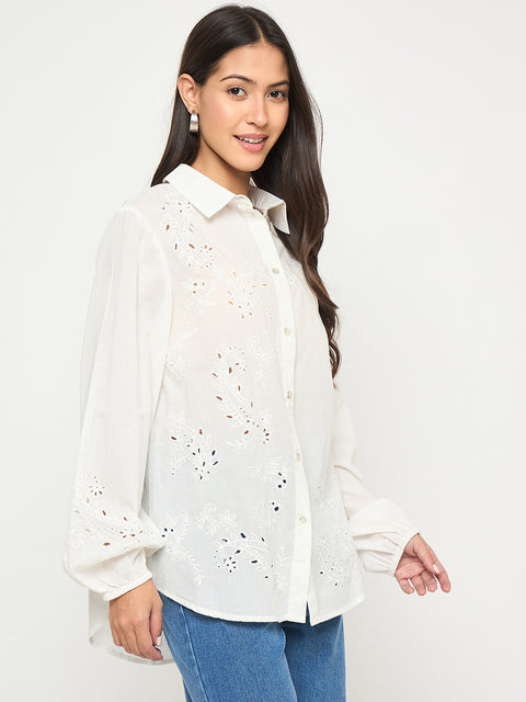 Madame Embroidered and Ruffle Trim Detailed White Cotton Shirt