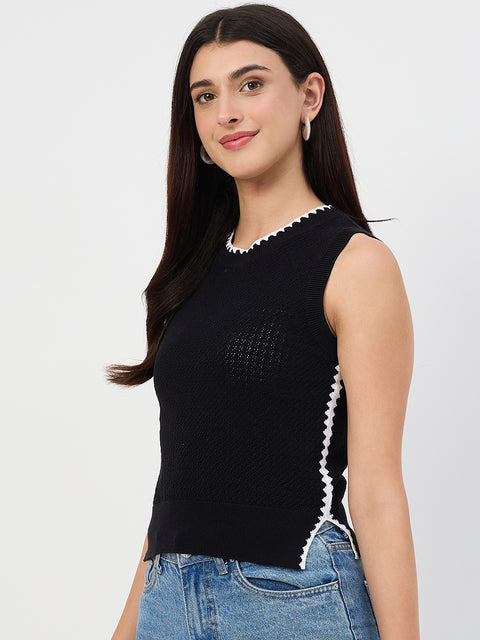 Madame Black Contrast Trim Cotton Blend Knit Top