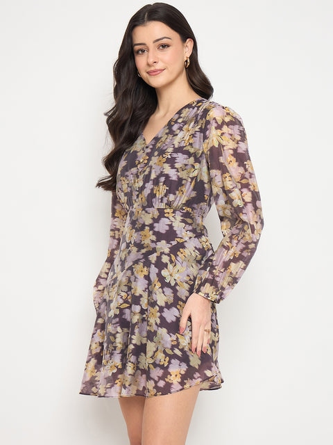 Madame Plum Floral Print Fit and Flare Dress