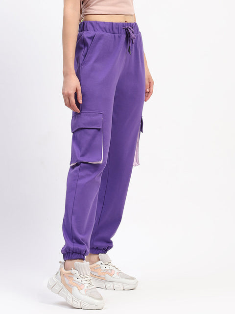 Madame Purple Cotton Joggers with Elastic Waist and Flap Pockets