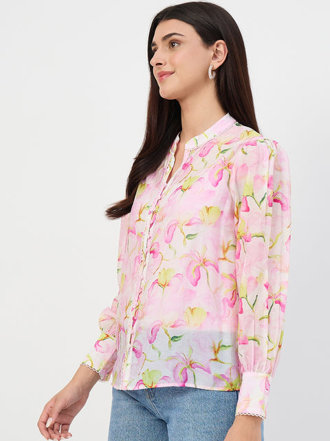 Madame Pink Printed Semi-Sheer Tencel Mandarin-Collar Top