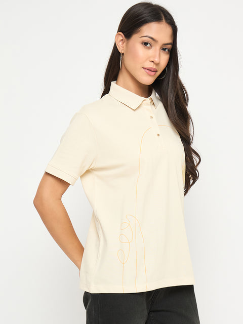 Madame Botanical Print Beige Cotton Blend Polo T-shirt
