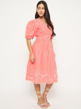 Madame Floral Embroidered Hem Fit and Flared Coral Midi Dress