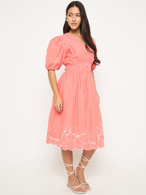 Madame Floral Embroidered Hem Fit and Flared Coral Midi Dress