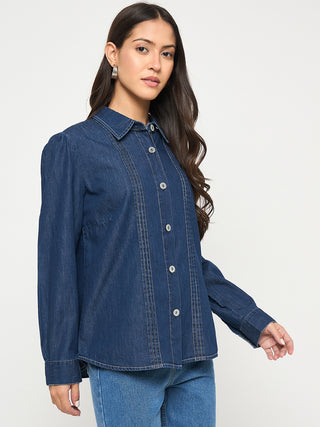 Madame Pintuck Detailed Mid Blue Denim Shirt
