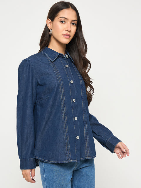 Madame Pintuck Detailed Mid Blue Denim Shirt