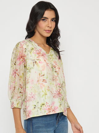 Madame Floral Print Ruffle Detail Cotton Green Peplum Top