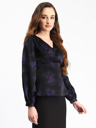 Madame Self Design Wrap Style Front Bishop Sleeve Black Top