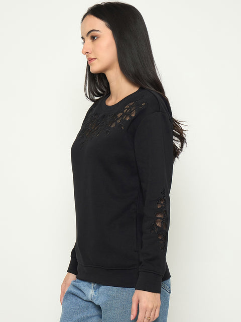 Madame Embroidered Round Neck Solid Sweatshirt