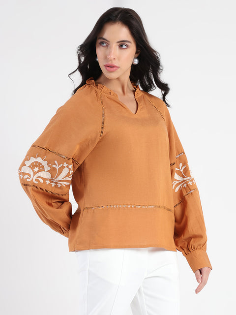 Madame Smocked Lace Detailed Tan Brown Top