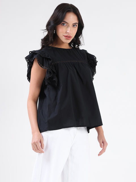 Madame Lace Inserted Black Cotton Top