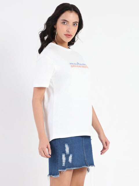 Madame Swarovski and Graphic Print White Cotton T-shirt
