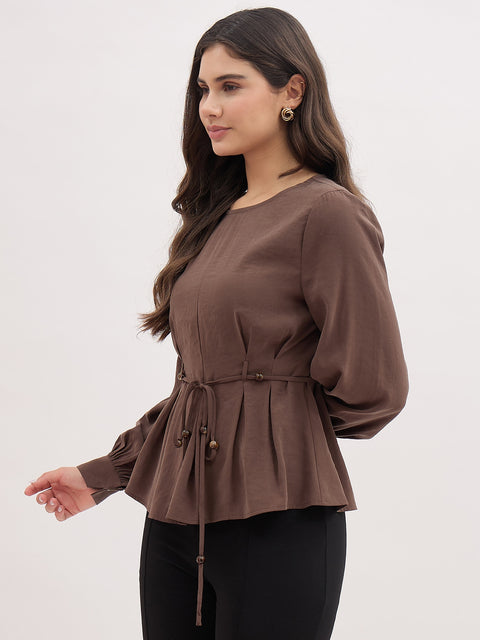 Madame Brown Cinched Waist Rayon Blend Top