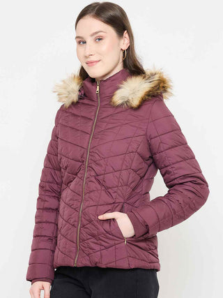 Madame Wine Colour Quilted Jacket with Faux Fur Hood