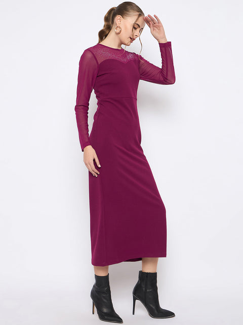 Madame Swarovski Detailed Solid Plum Round Neck Knitted Maxi Dress