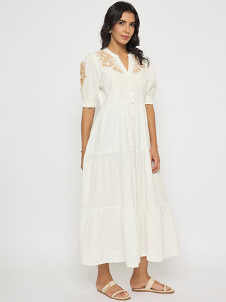 Madame Embroidered Flared Hem Belted White Cotton Dress