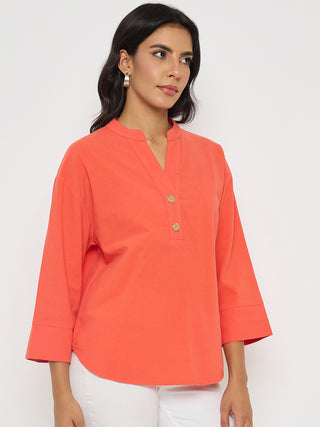 Madame Button Detail Solid Coral Cotton Top