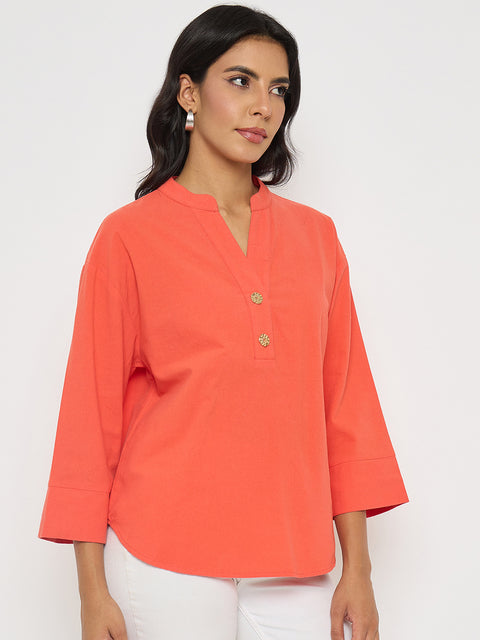 Madame Button Detail Solid Coral Cotton Top