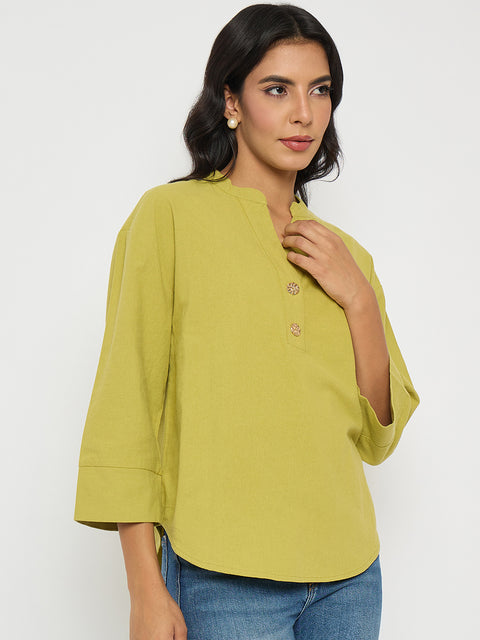 Madame Button Detail Solid Green Cotton Top