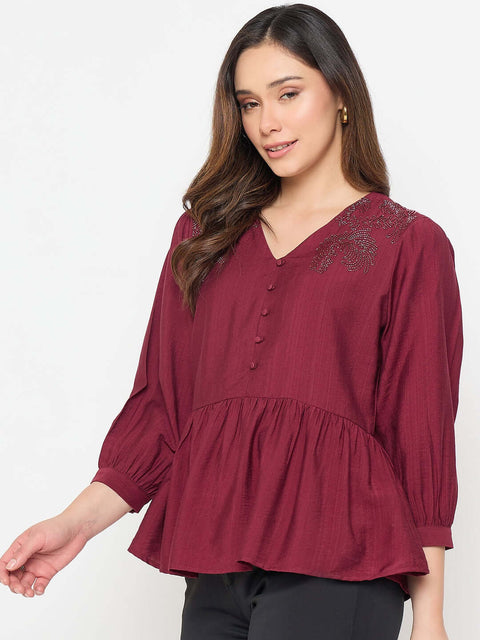 Madame Rayon Blend Wine Colour Peplum Top