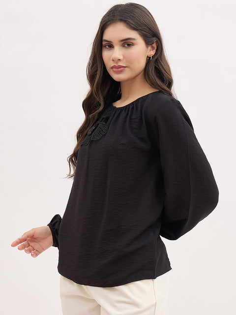 Madame Black 3D Floral Applique Crinkle Top
