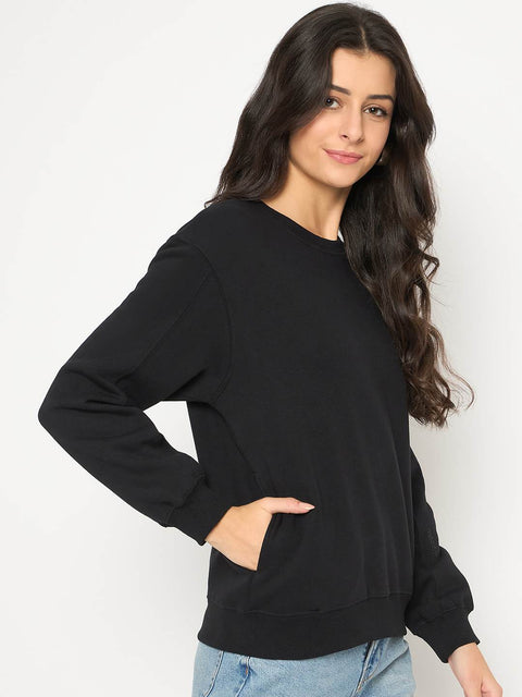 Madame Cotton Blend Solid Black Sweatshirt