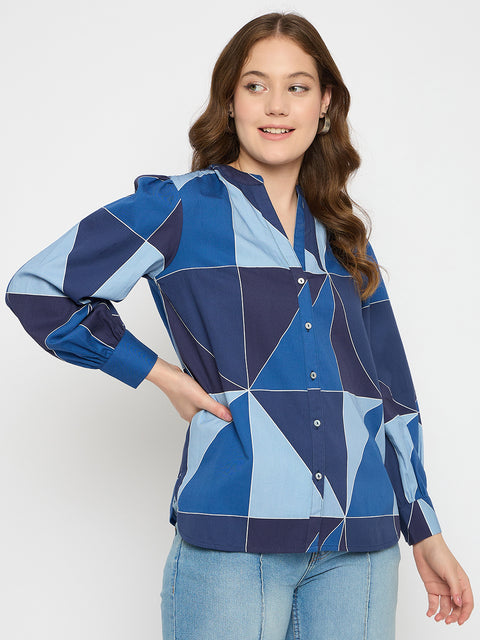 Madame Geometric Print Navy Blue Cotton Top