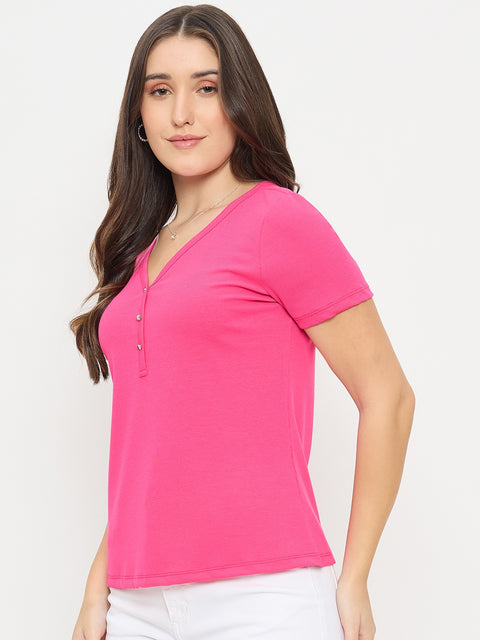 Madame Hot Pink V-Neck T-Shirt with Button Placket