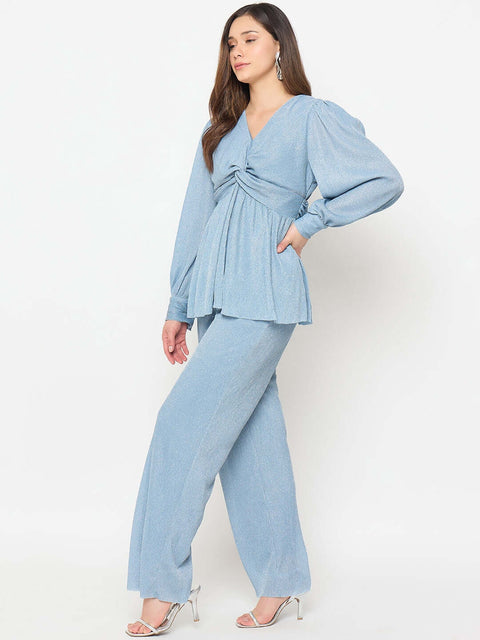 Madame Surplice Neck Blue Co-ord Set model wearing stylish outfit with surplice neckline and wide-leg pants.