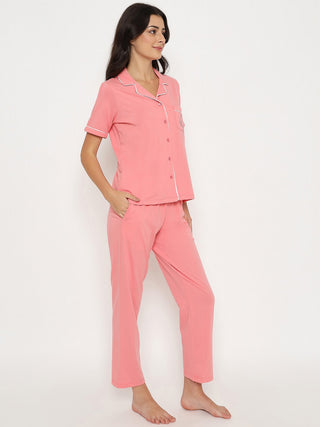 mSECRET Embossed Top and Bottom Coral Cotton Night Suit
