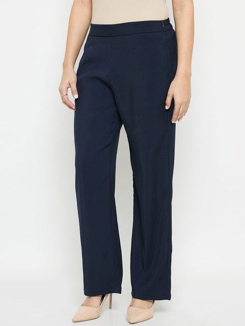 Madame Solid Straight Fit Navy Blue Trousers