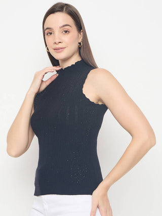 Madame Metallic Fabric Black Sleeveless Sweater