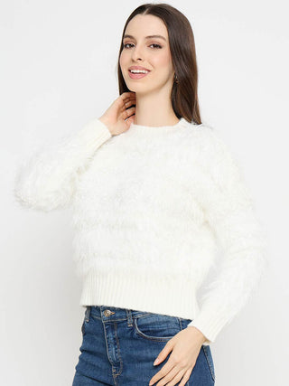 Madame Faux Fur Textured Pullover Off White Sweater