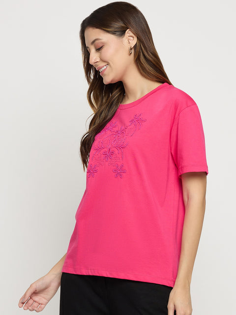 Madame Hot Pink Embroidered Cotton Round Neck T-Shirt