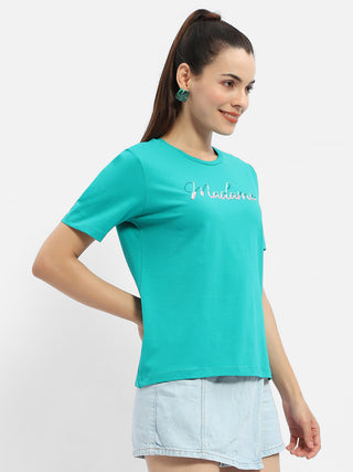 Madame Typography Sea Green Crew Neck T-Shirt
