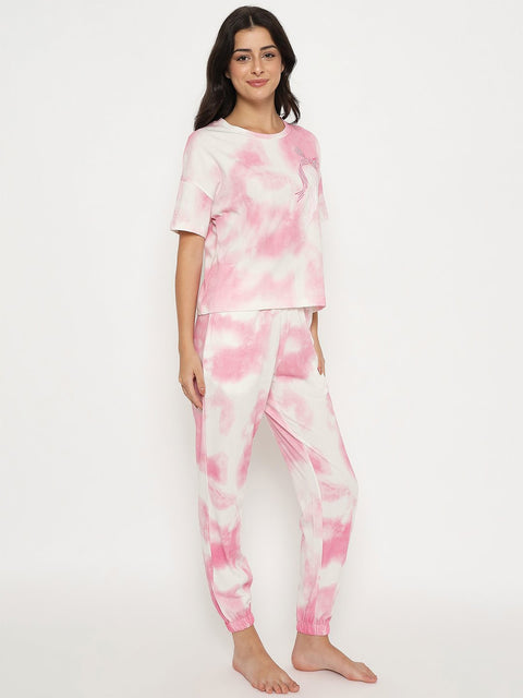 mSECRET Tie and Dye Top and Bottom Printed Pink Night Suit