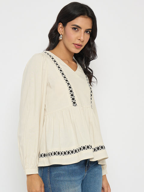 Madame Geometric Pattern Embroidery Rayon Blend Off White Top