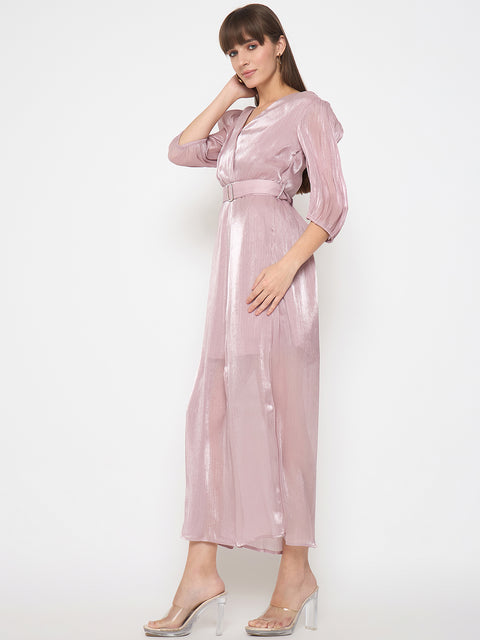 Madame Wrinkled Lurex Self Design Belted Pink Maxi Dress