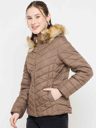 Madame Brown Colour Quilted Fur Hood Jacket