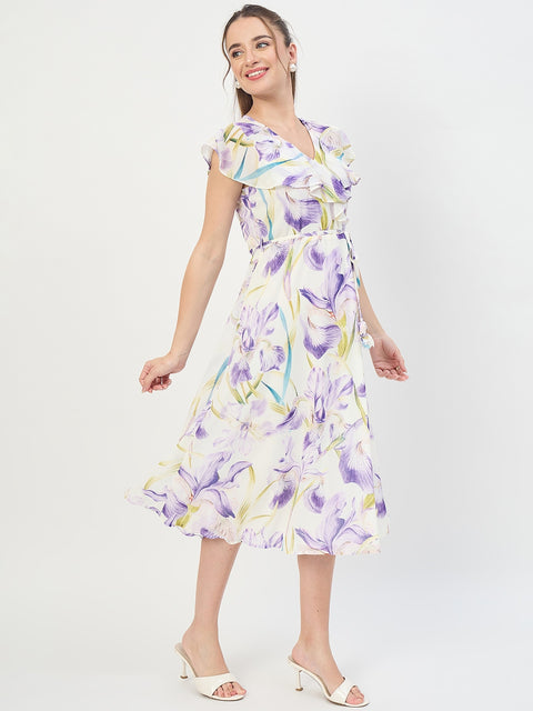Madame Purple Printed Ruffle Sleeve Midi Dress