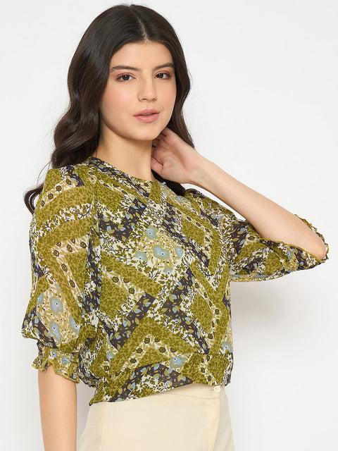 Madame Geometric Print Cinch Waist Green Top