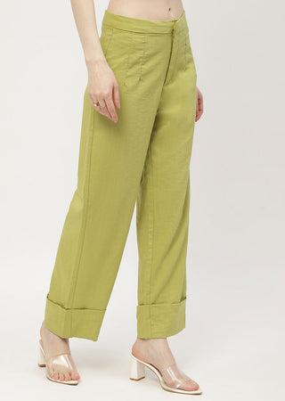 Madame Solid Apple Green Folded Hem Trouser